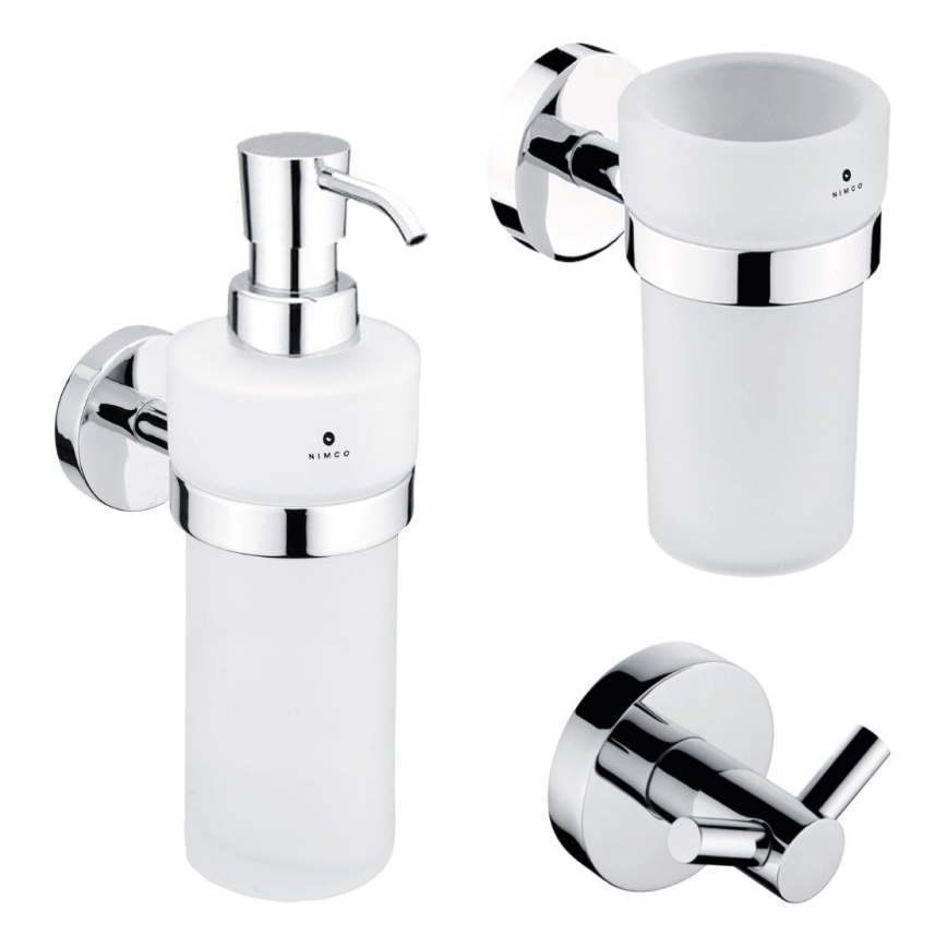 NIMCO UN zestaw-31W-26 - Dozownik mydła na ścianę, stojak na szczoteczki do zębów i haczyk ścienny UNIX 250 mm matowy szklanka/chrom błyszczący