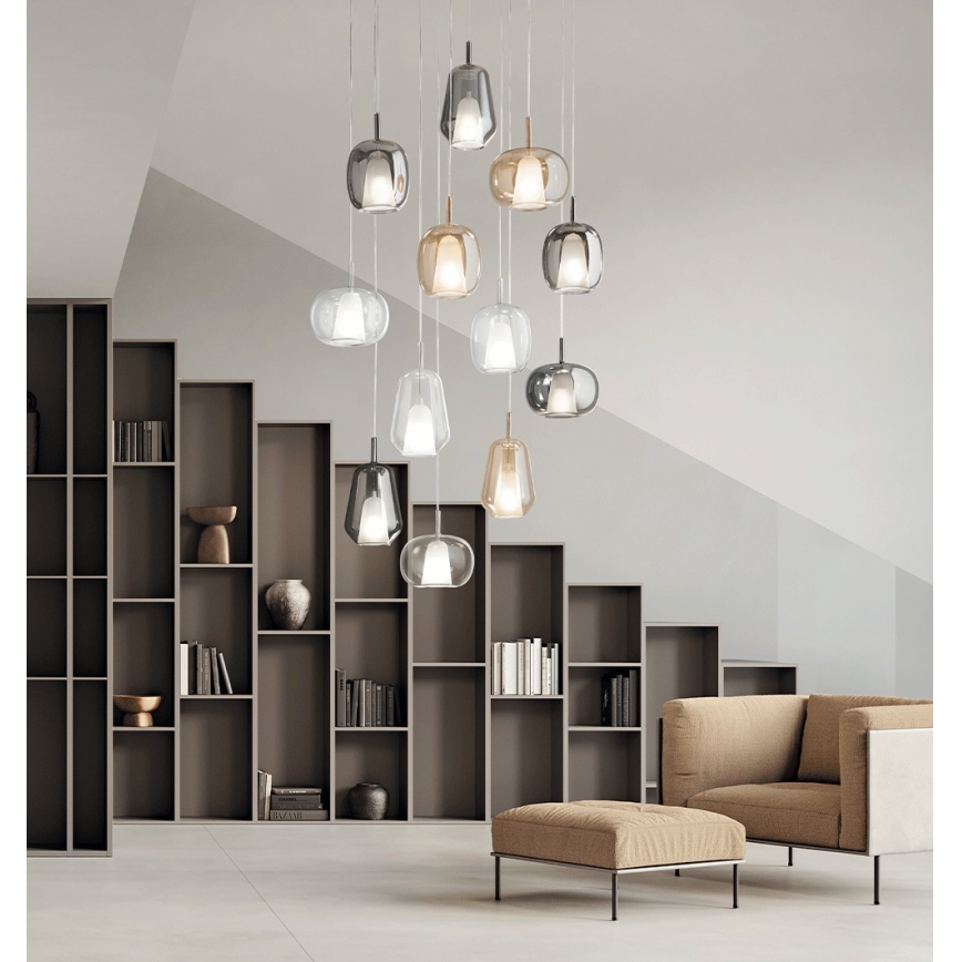 Ondaluce - Lampa wisząca na lince THELMA 1xE27/15W/230V śr. 25 cm złota/dymno-beżowa
