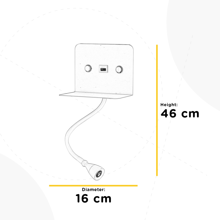 ONLI - LED Elastyczna lampka z półką i USB ładowaniem PLAK LED/1W/230V biała