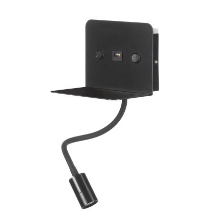 ONLI - LED Elastyczna lampka z półką i USB ładowaniem PLAK LED/1W/230V czarna