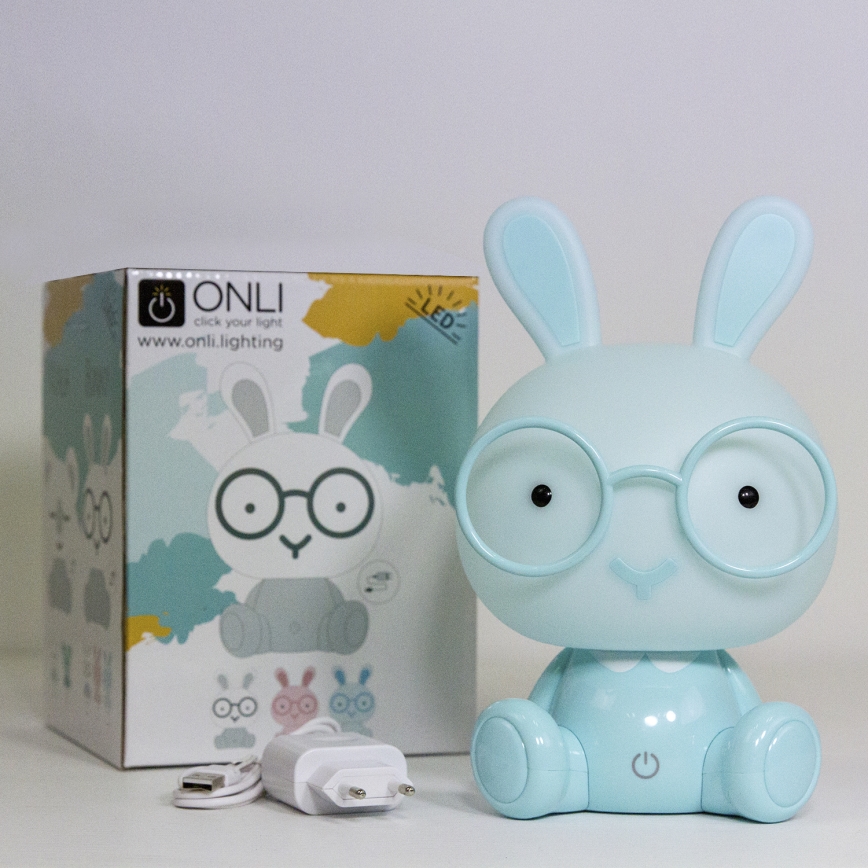 ONLI - ściemnialna dziecięca lampka nocna LED PUPPIES LED/3W/230V 22 cm króliczek/niebieski