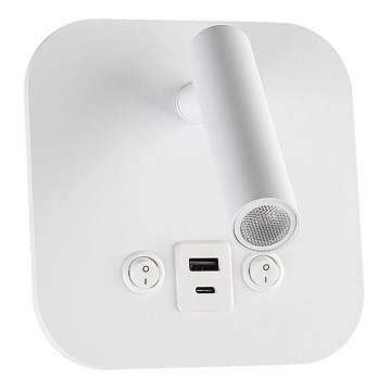 Oprawa ścienna punktowa LED z portem USB, 8W, 230V, 3000K, biała