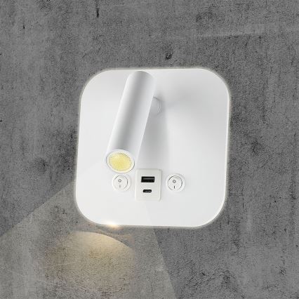Oprawa ścienna punktowa LED z portem USB, 8W, 230V, 3000K, biała