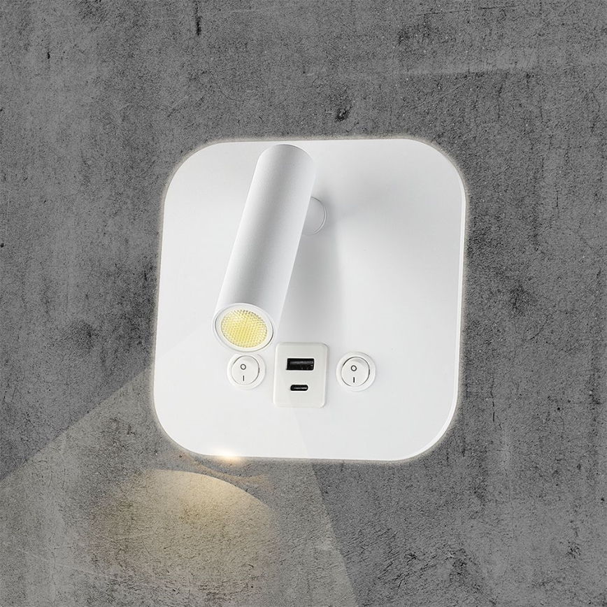 Oprawa ścienna punktowa LED z portem USB, 8W, 230V, 3000K, biała