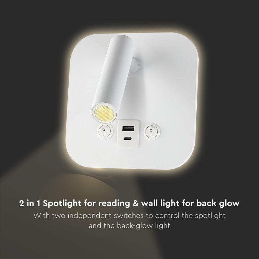 Oprawa ścienna punktowa LED z portem USB, 8W, 230V, 3000K, biała