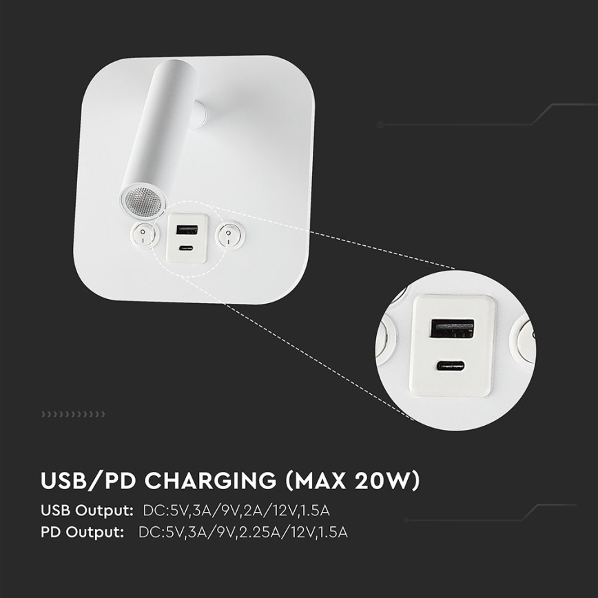 Oprawa ścienna punktowa LED z portem USB, 8W, 230V, 3000K, biała