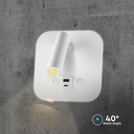Oprawa ścienna punktowa LED z portem USB, 8W, 230V, 3000K, biała