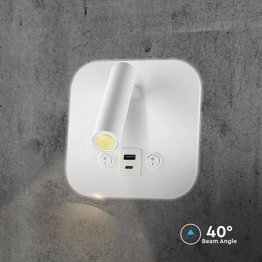 Oprawa ścienna punktowa LED z portem USB, 8W, 230V, 3000K, biała