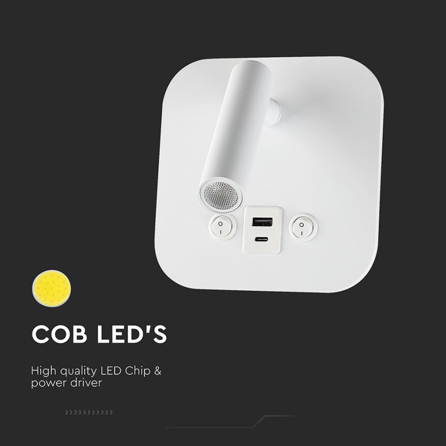 Oprawa ścienna punktowa LED z portem USB, 8W, 230V, 3000K, biała