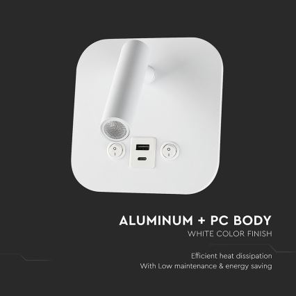 Oprawa ścienna punktowa LED z portem USB, 8W, 230V, 3000K, biała