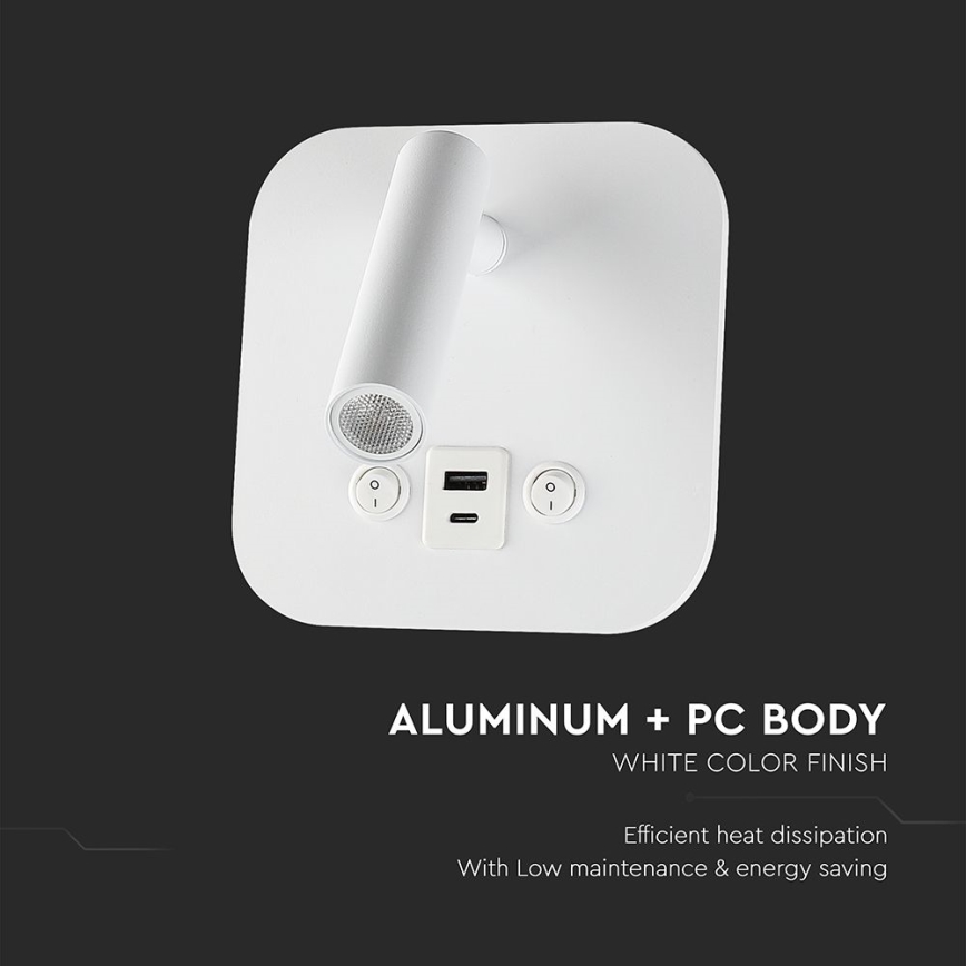 Oprawa ścienna punktowa LED z portem USB, 8W, 230V, 3000K, biała