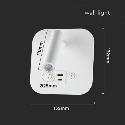 Oprawa ścienna punktowa LED z portem USB, 8W, 230V, 3000K, biała