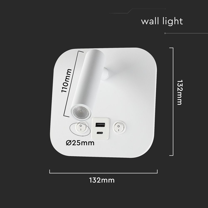 Oprawa ścienna punktowa LED z portem USB, 8W, 230V, 3000K, biała