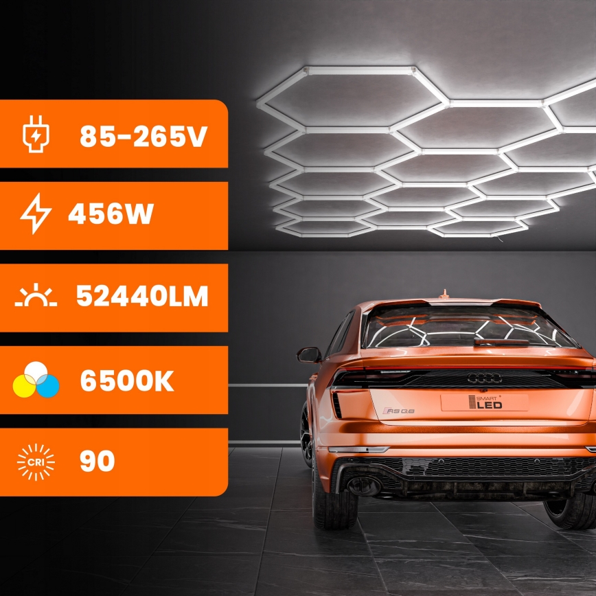 Lampa sufitowa LED HEXAGON 456W 85-265V 6500K 522x298 cm CRI 90 IP54 biała