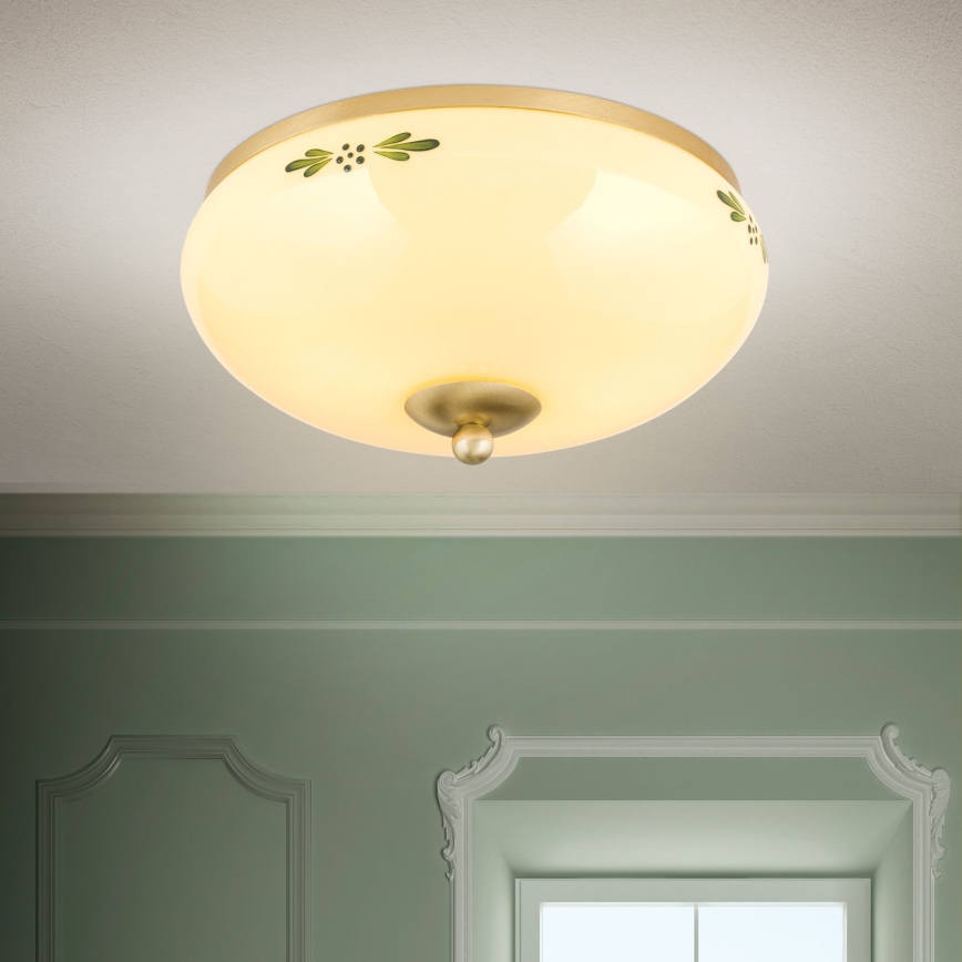 Lampa sufitowa LANDHAUS 2xE27/60W/230V, Ø 28 cm, mosiądz/beżowy/zielony