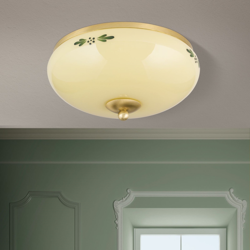 Lampa sufitowa LANDHAUS 2xE27/60W/230V, Ø 28 cm, mosiądz/beżowy/zielony