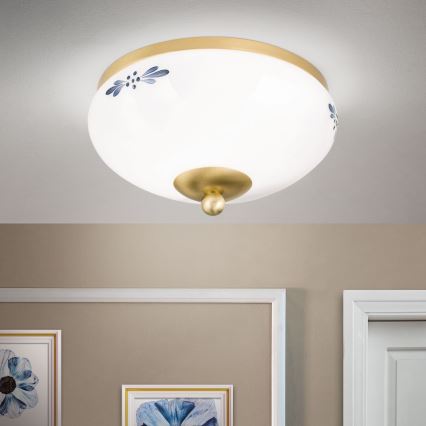 Lampa sufitowa LANDHAUS 1xE27/60W/230V, średnica 21 cm, mosiądz/biały/niebieski