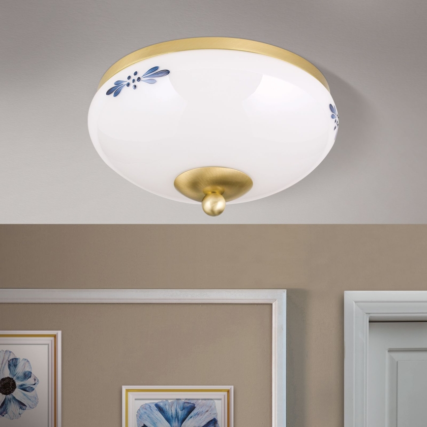 Lampa sufitowa LANDHAUS 1xE27/60W/230V, średnica 21 cm, mosiądz/biały/niebieski