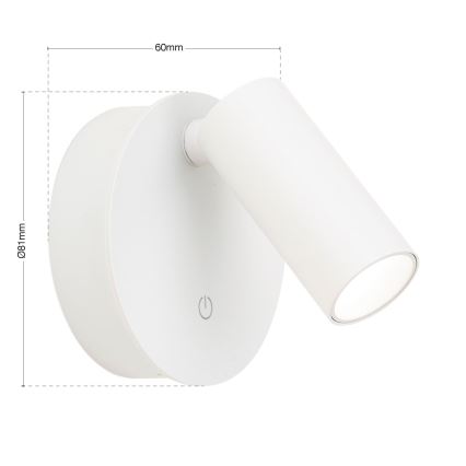 LED ściemnialny, ładowalny, dotykowy kinkiet ścienny punktowy LUXY LED/1W/5V 2200 mAh 2700/3000/4000K biały