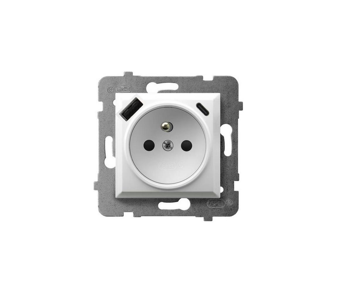 Ospel - Gniazdo domowe bez ramki 230V + 1xUSB-A + 1xUSB-C ARIA białe