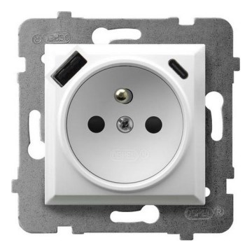 Ospel - Gniazdo domowe bez ramki 230V + 1xUSB-A + 1xUSB-C ARIA białe