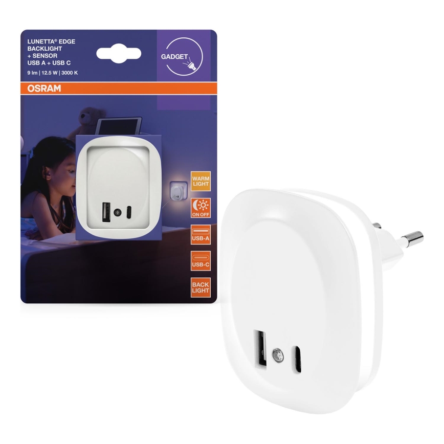 Osram - LED lampka nocna do gniazdka z czujnikiem i portem USB LUNETTA LED/12,5W/230V biała