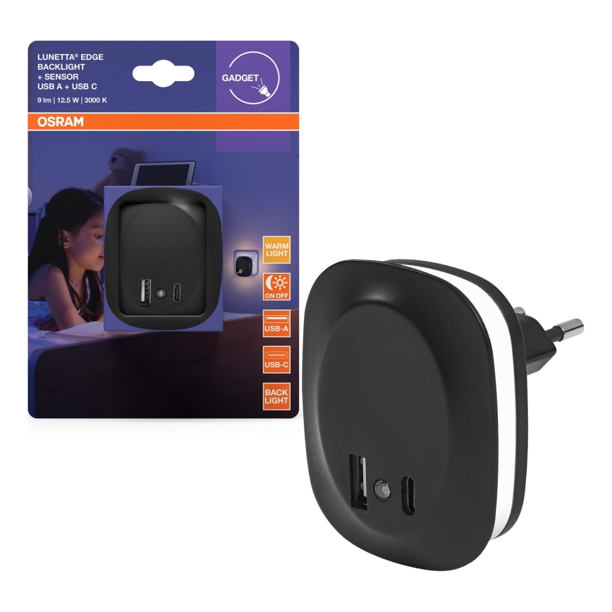 Osram - LED lampka nocna do gniazdka z czujnikiem i USB LUNETTA LED/12,5W/230V czarna