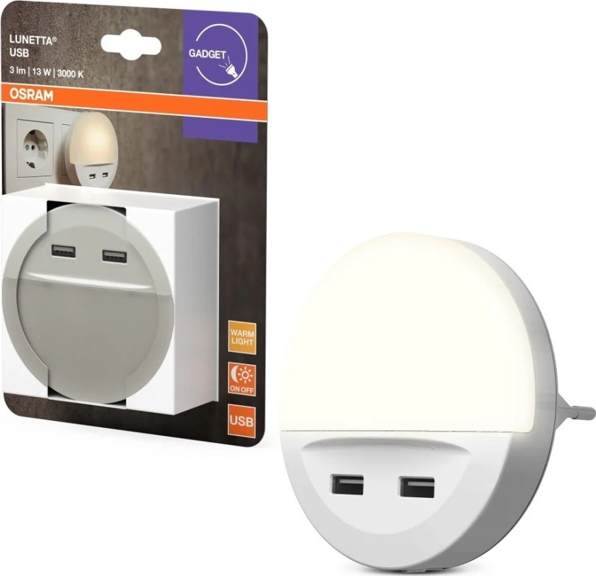 Osram - LED lampka nocna do gniazdka z czujnikiem LUNETTA 2xUSB LED/13W/230V