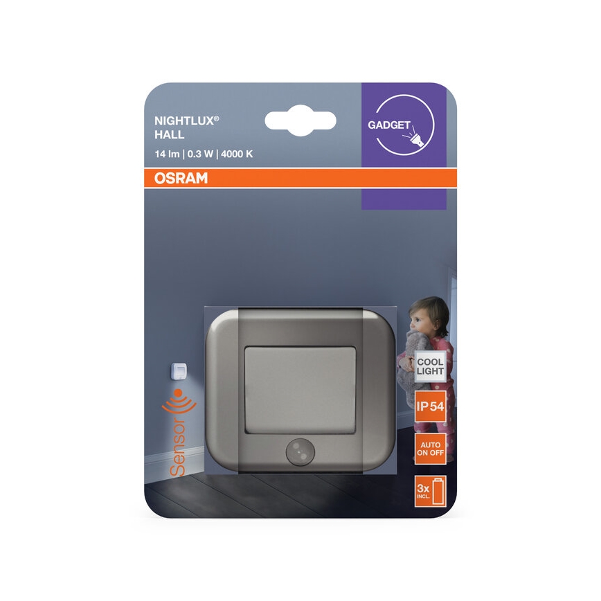 Osram - Oprawa orientacyjna LED z czujnikiem NIGHTLUX LED/0,3W/3xAAA IP54 srebrna