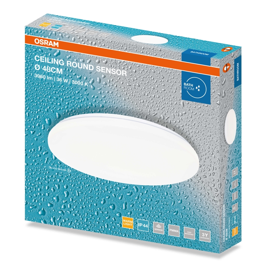 Osram - Łazienkowy plafon sufitowy LED z czujnikiem zmierzchu, 36 W, 230 V, 3000 K (ciepłe białe światło), średnica 48 cm, IP44, biały