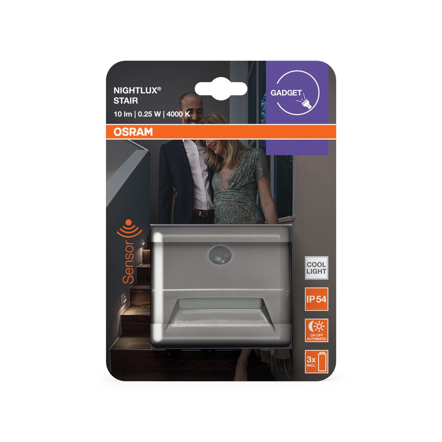 Osram - oprawa schodowa LED z czujnikiem NIGHTLUX LED/0,25W/3xAAA IP54 srebrna