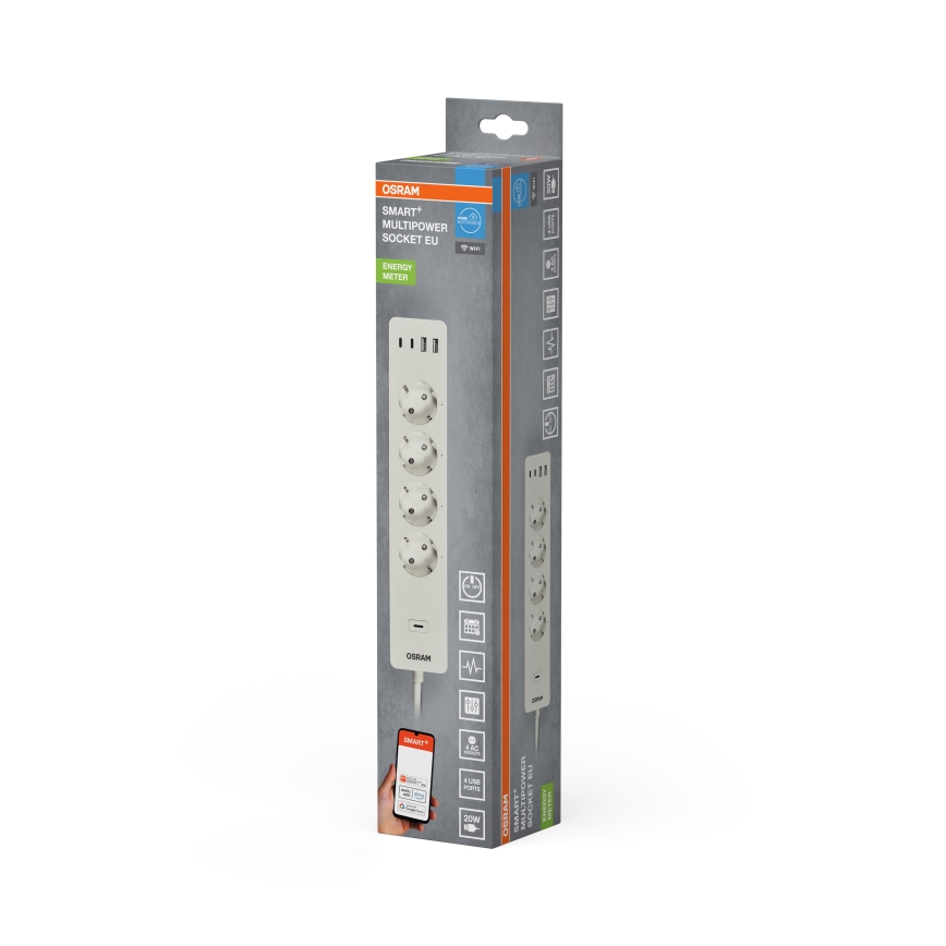 Osram - Przedłużacz SMART+ 4 gniazda typu F + 2x USB-A + 2x USB-C Wi‑Fi