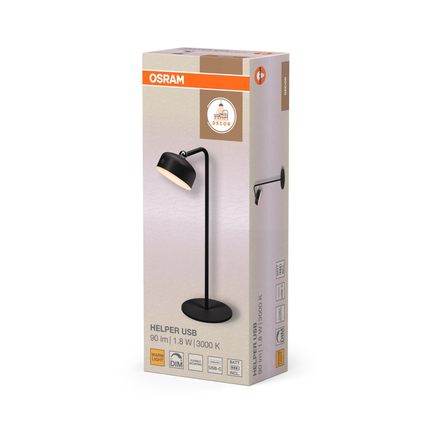Osram - ściemnialna, ładowalna lampka biurkowa LED 3 w 1 DECOR HELPER LED/1,8W/5V czarna