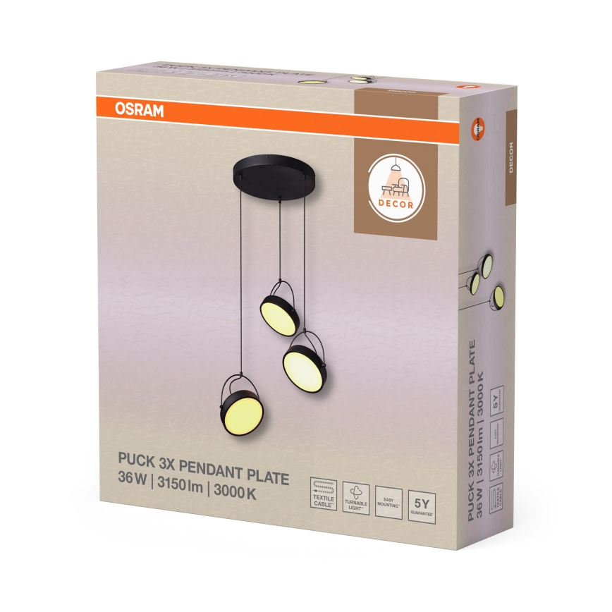 Osram - Żyrandol LED na przewodzie DECOR PUCK 3xLED/12W/230V CRI 90 czarny