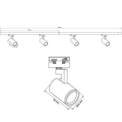 Oświetlenie punktowe do systemu szynowego LYNX 4xGU10/10W/230V + 2 x 75 cm system szynowy biały
