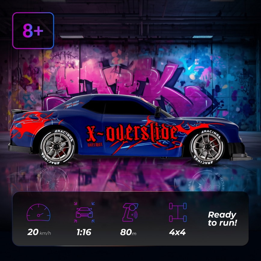 Overmax - RC samochód driftowy zdalnie sterowany 2 w 1 X-OVERSLIDE 1000 mAh czarny/zielony/niebieski/czerwony