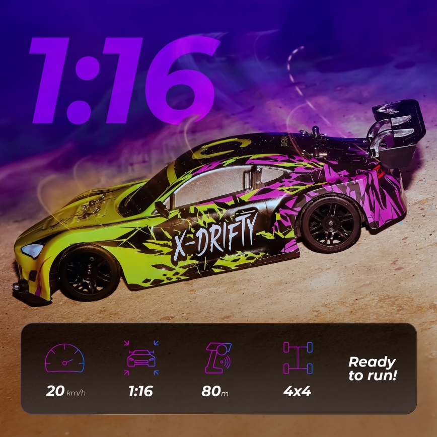 Overmax - zdalnie sterowany samochód driftowy X-DRIFT 1000 mAh żółty/fioletowy