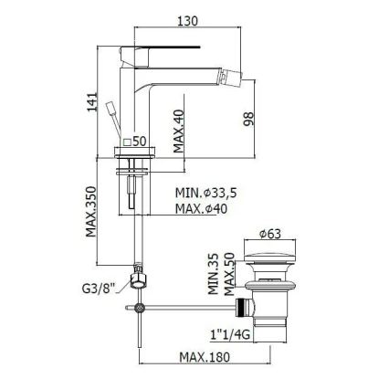 Paffoni - Bateria bidetowa + odpływ TANGO stal nierdzewna