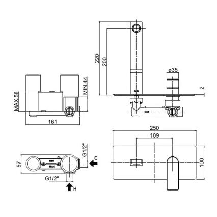 Paffoni - bateria umywalkowa podtynkowa TANGO, chrom błyszczący