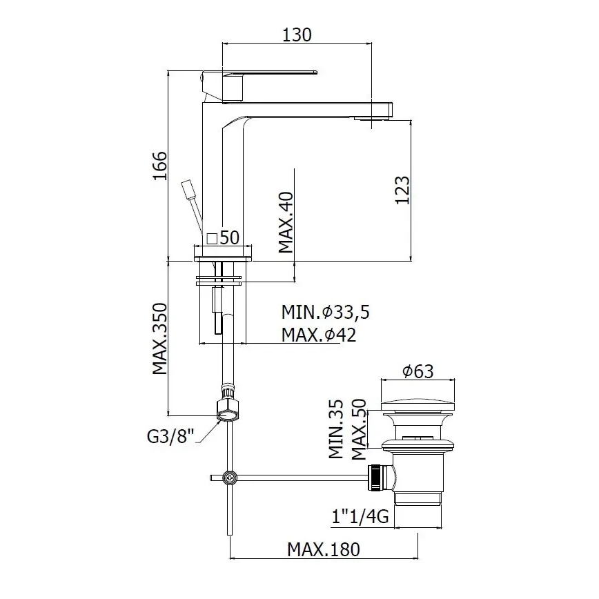Paffoni - Bateria umywalkowa TANGO z korkiem odpływowym, stal nierdzewna