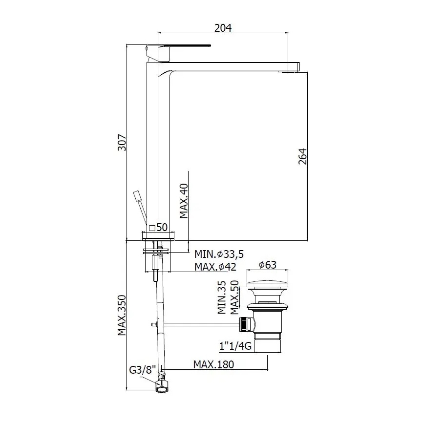 Paffoni - bateria umywalkowa TANGO ze stali nierdzewnej z korkiem odpływowym