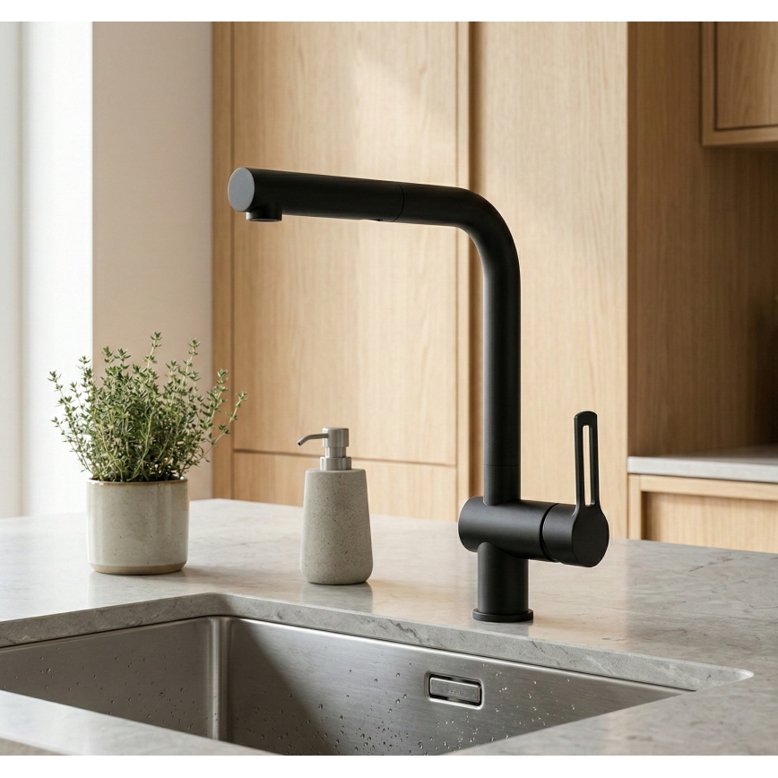 Paffoni - Bateria zlewozmywakowa z wyciąganą słuchawką RINGO 29,2 cm czarna