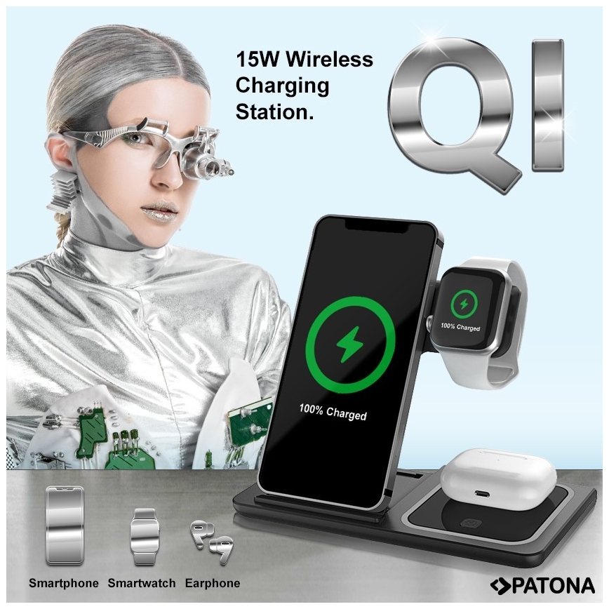 PATONA - Ładowarka bezprzewodowa 3w1 do iPhone czarna