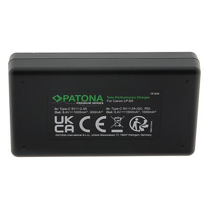 PATONA - Szybka ładowarka Dual Canon LP-E6 + kabel USB-C 0,6m