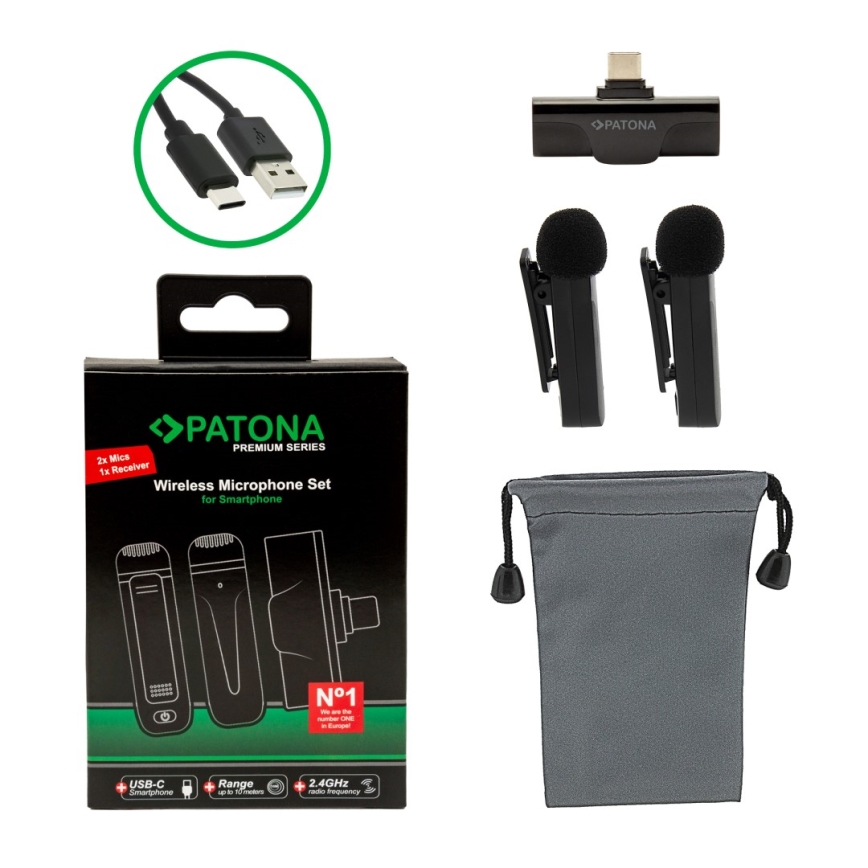 PATONA - ZESTAW 2x Bezprzewodowy mikrofon z klipsem do Smartphone USB-C 5V