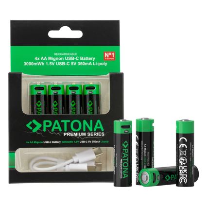 PATONA - ZESTAW 4x Akumulator AA/LR6 Li-Pol 2000mAh 1,5Vs z USB-C ładowaniem