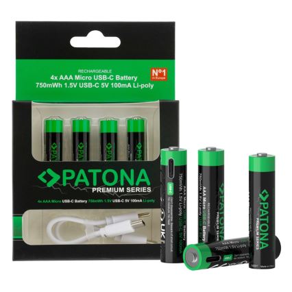 PATONA - ZESTAW 4x Akumulator AAA/LR03 Li-Pol 500mAh 1,5V z USB-C ładowaniem