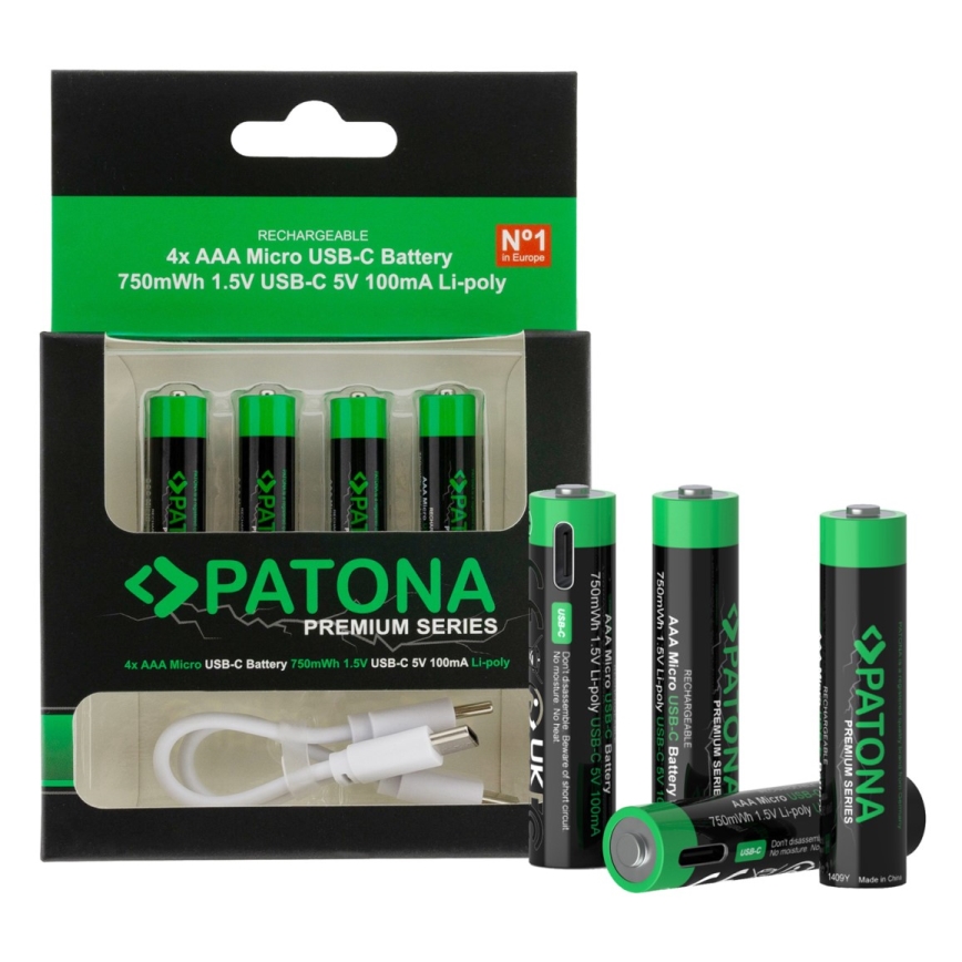 PATONA - ZESTAW 4x Akumulator AAA/LR03 Li-Pol 500mAh 1,5V z USB-C ładowaniem