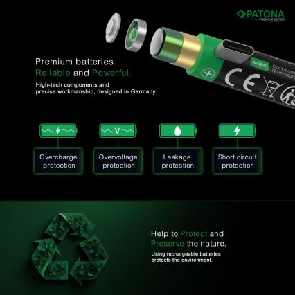PATONA - ZESTAW 4x Akumulator AAA/LR03 Li-Pol 500mAh 1,5V z USB-C ładowaniem