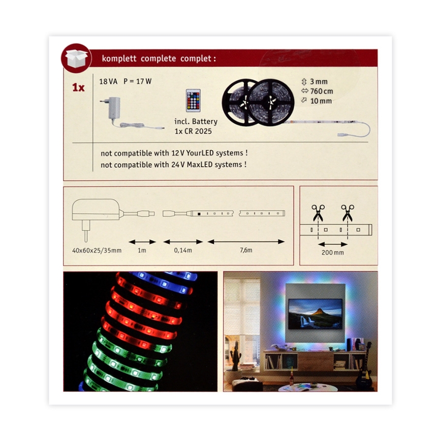 Paulmann 70514 - LED RGB/15W Taśma ściemnialna SIMPLED 7,5m 230V + zdalne sterowanie